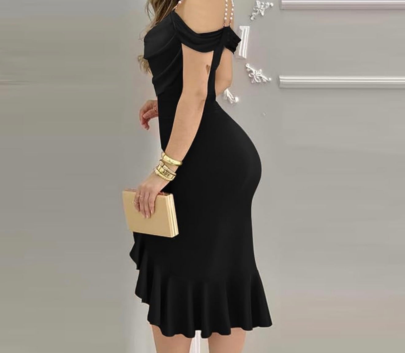 Womens Sexy Bodycon Party Dress Off The Shoulder Pearls Strap Midi Dress Ruffle Hem Cocktail Dresses