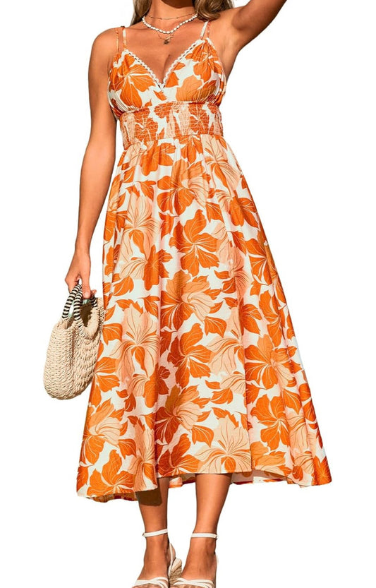 Women's Boho Floral Maxi Dress Spaghetti Strap Lace V Neck Smocked Sundress Summer Beach Wedding Guest Flowy Dress