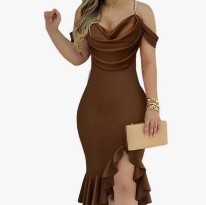 Womens Sexy Bodycon Party Dress Off The Shoulder Pearls Strap Midi Dress Ruffle Hem Cocktail Dresses