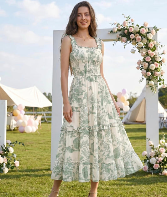 Floral Dress for Women 2026 Flowy Sundress Smocked Cottagecore Dresses