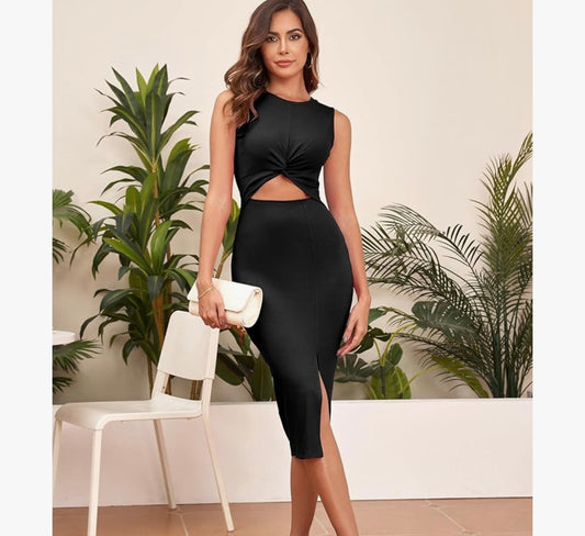 Women's Casual Sleeveless Cutout Twist Front Side Slit Ribbed Knit Party Bodycon Midi Dresses