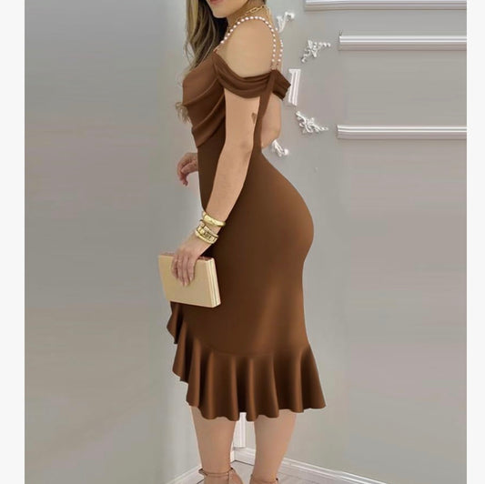 Womens Sexy Bodycon Party Dress Off The Shoulder Pearls Strap Midi Dress Ruffle Hem Cocktail Dresses