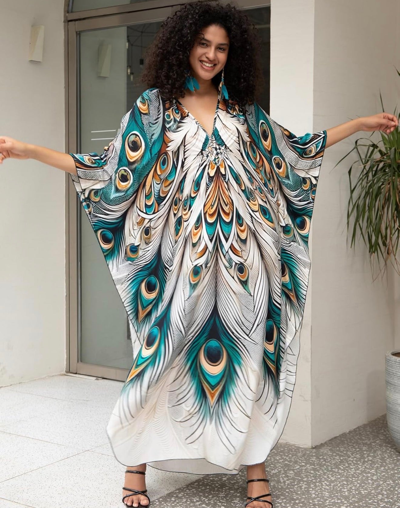 Plus Size Kaftan Dress Women, Moo Moo Print Caftan, Batwing Dress, Printed Beach Cover Up for Party and Loungewea