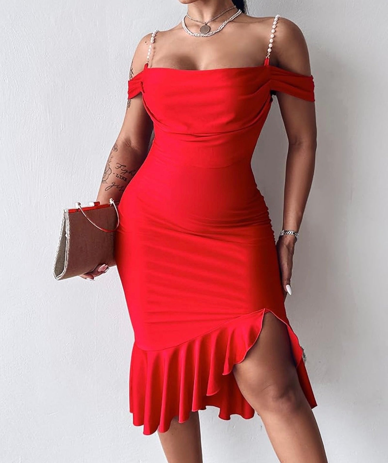 Womens Sexy Bodycon Party Dress Off The Shoulder Pearls Strap Midi Dress Ruffle Hem Cocktail Dresses
