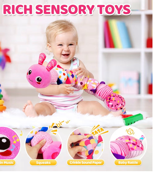 L Baby Sensory Caterpillar Toys for 0-6 6-12 Months, Soft Plush Activity Toy with Crinkle, Rattle & Gentle Music, Tummy Time Toy for Infant Newborn, Early Development Toy Shower Gifts for Baby