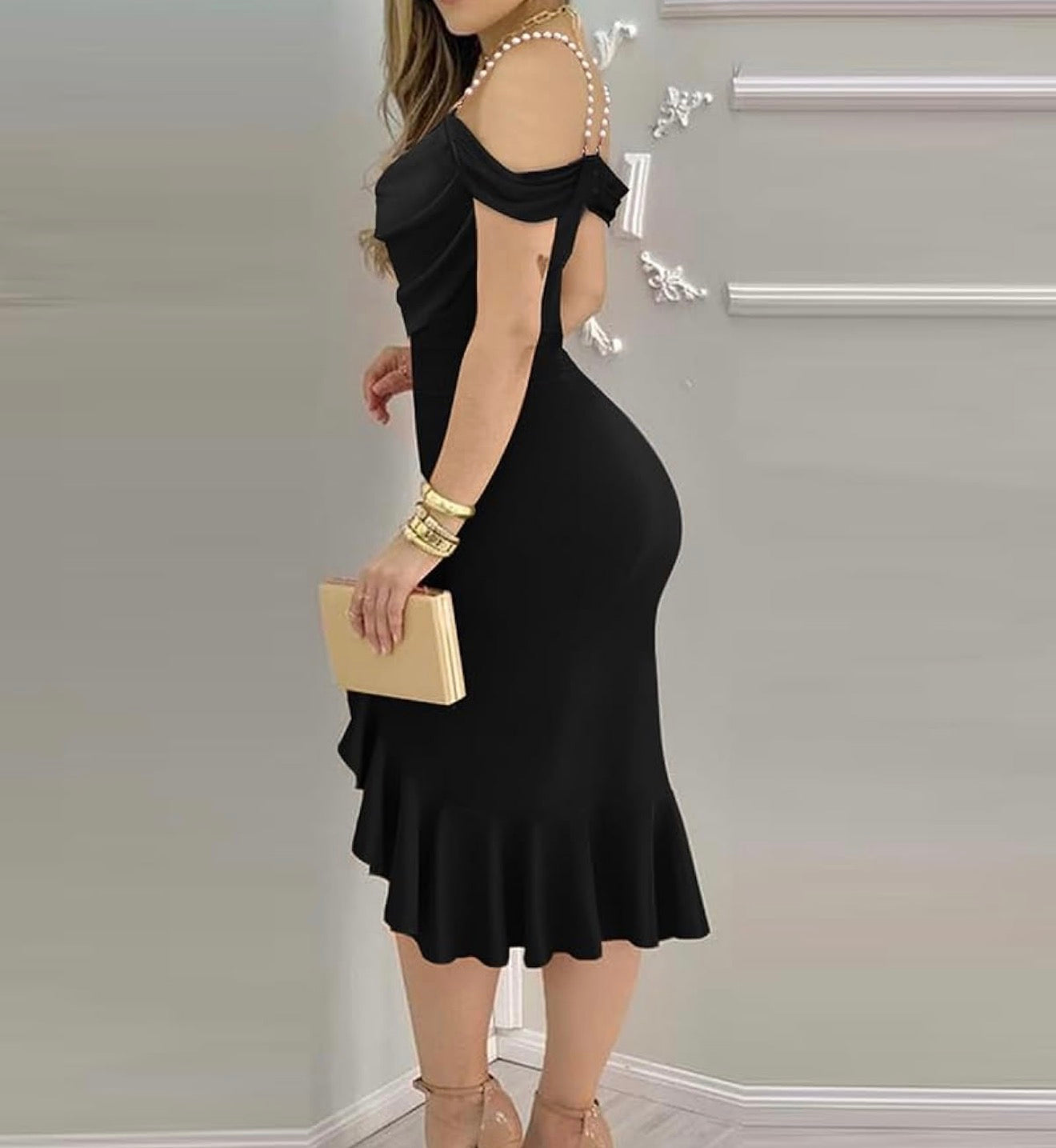 Womens Sexy Bodycon Party Dress Off The Shoulder Pearls Strap Midi Dress Ruffle Hem Cocktail Dresses