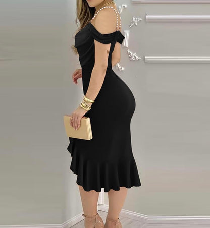 Womens Sexy Bodycon Party Dress Off The Shoulder Pearls Strap Midi Dress Ruffle Hem Cocktail Dresses
