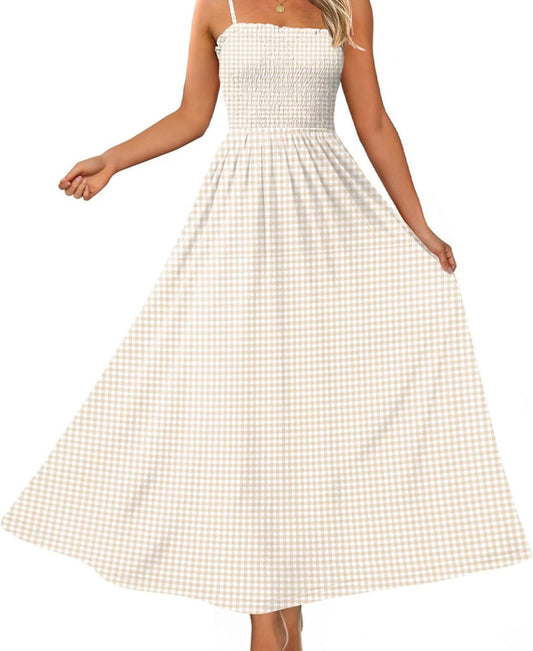Womens Spaghetti Strap Maxi Dresses Smocked with Pockets 2026 Summer Spring Casual Boho Beach Long Sundresses