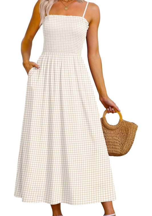 Womens Spaghetti Strap Maxi Dresses Smocked with Pockets 2026 Summer Spring Casual Boho Beach Long Sundresses